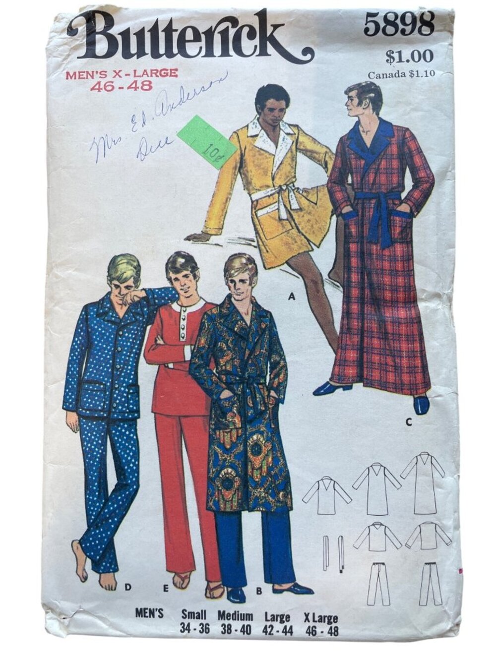 Vintage Butterick 5898 Sewing Pattern Mens XL Robe & Pajamas Dressmaking CUT